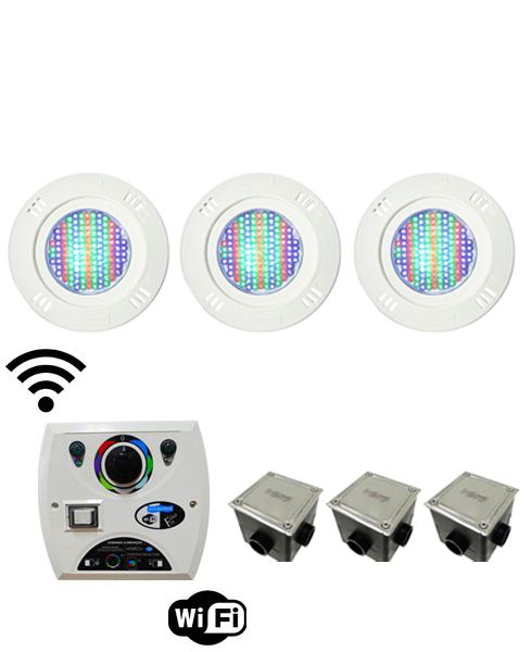 Kit Iluminação para Piscinas de até 24m² (3 Led Pool 61 RGB Pratic - 3 Caixas de Passagem Tampa Inox - 1 Comando Four Fix c/ Wi-Fi para Led )