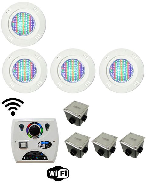 Kit Iluminação para Piscinas de até 32m² (4 Led Pool 61 RGB Pratic - 4 Caixas de Passagem Tampa Inox - 1 Comando Four Fix c/ Wi-Fi para Led )