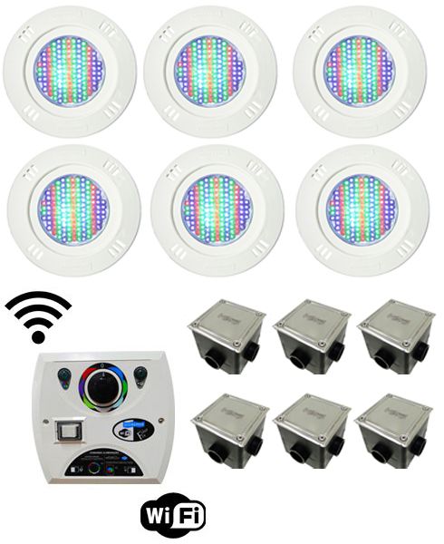 Kit Iluminação para Piscinas de até 48m² (6 Led Pool 61 RGB Pratic - 6 Caixas de Passagem Tampa Inox - 1 Comando Four Fix c/ Wi-Fi para Led )